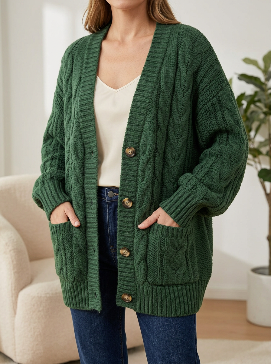 Women's Cable Knit Button Front V Neck Easygoing Cardigan