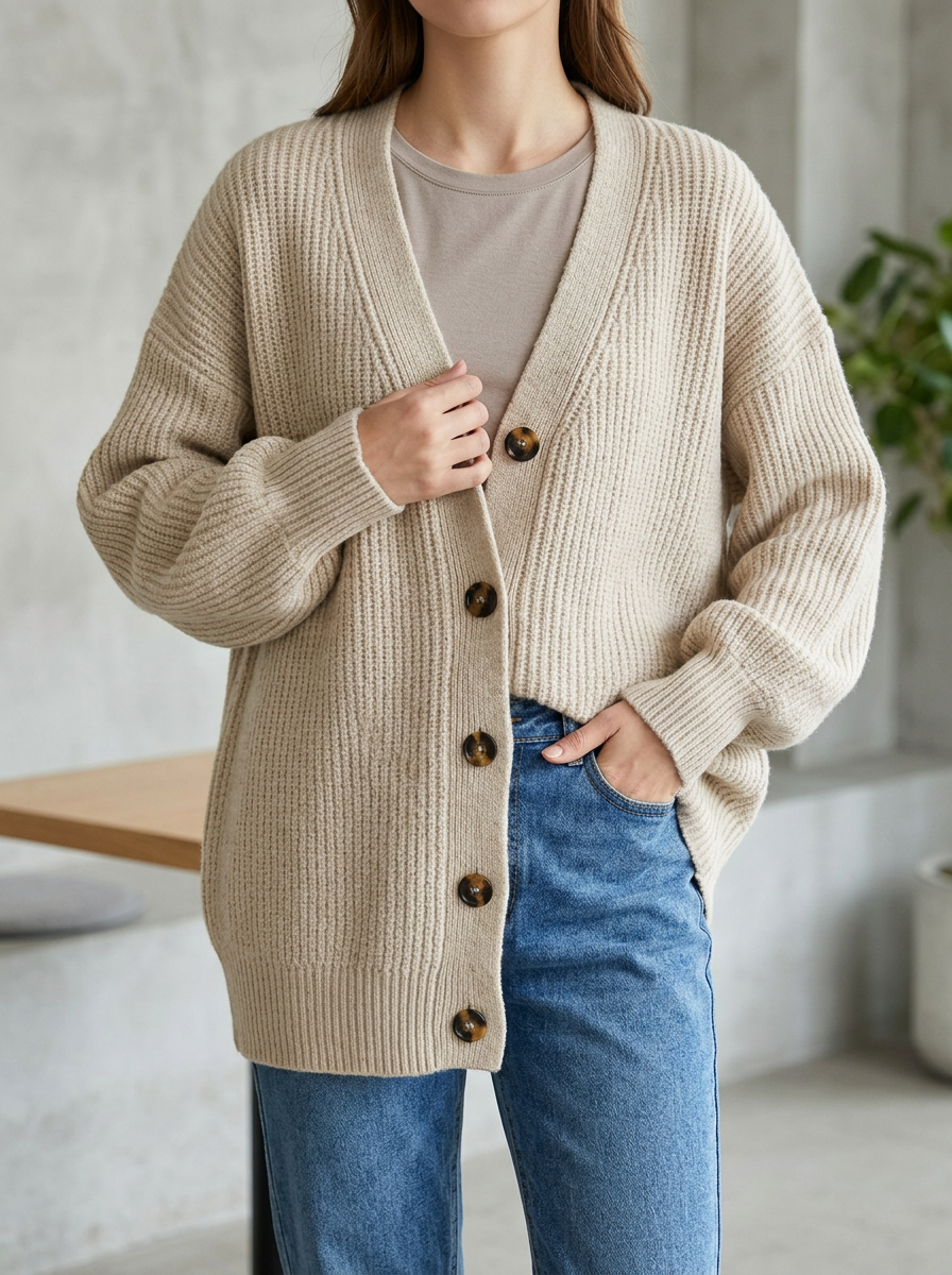 Women's Refined Ribbed Knit Button Front V Neck Cardigan