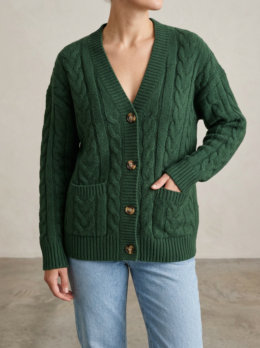 Women's Casual Cable Knit Button Front V Neck Cardigan