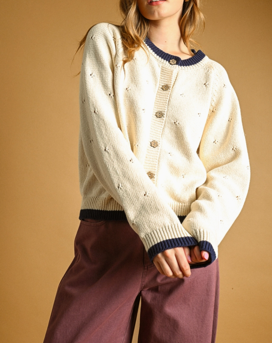 Pointelle Knit Cotton Knit Cardigan
