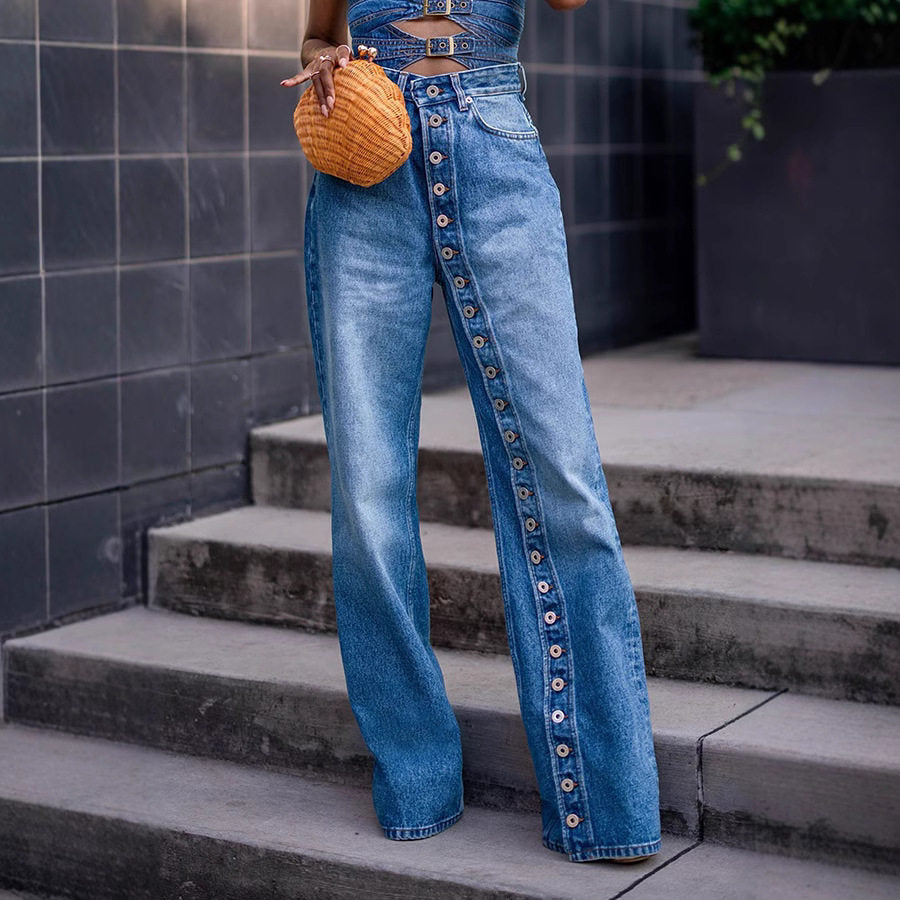 Women's High Waist Washed Button Detail Jeans