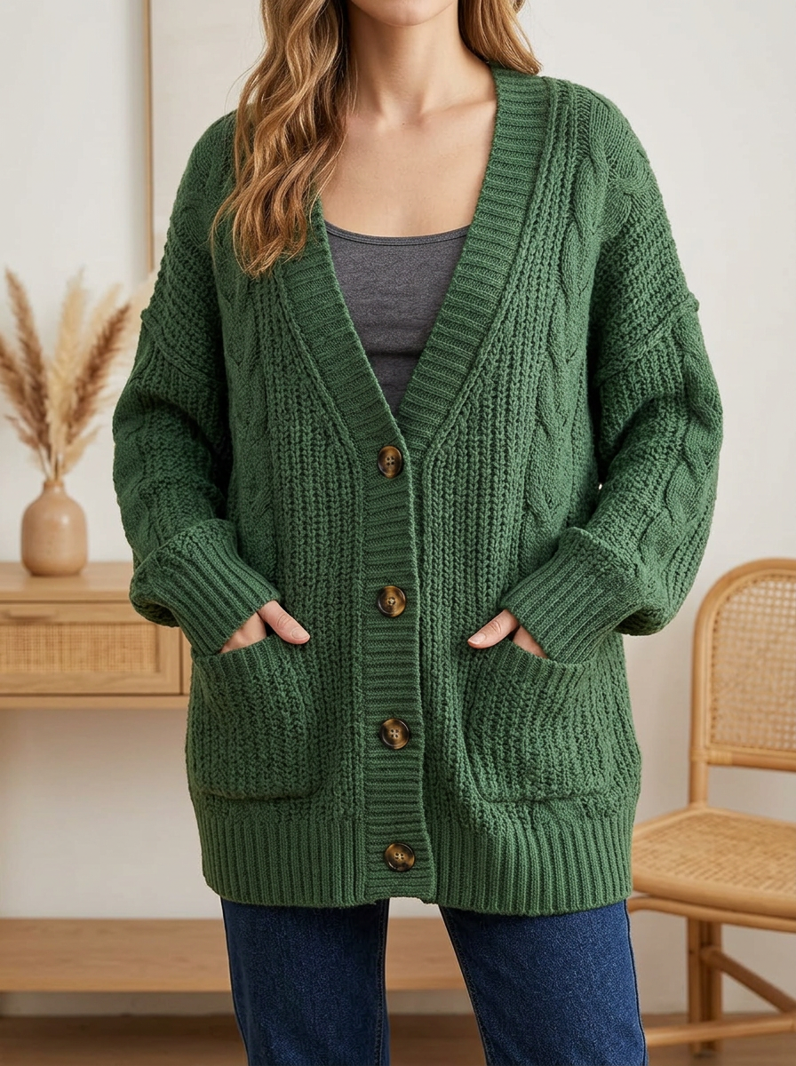 Women's Easygoing Layered Cable Knit Button Front V Neck Cardigan