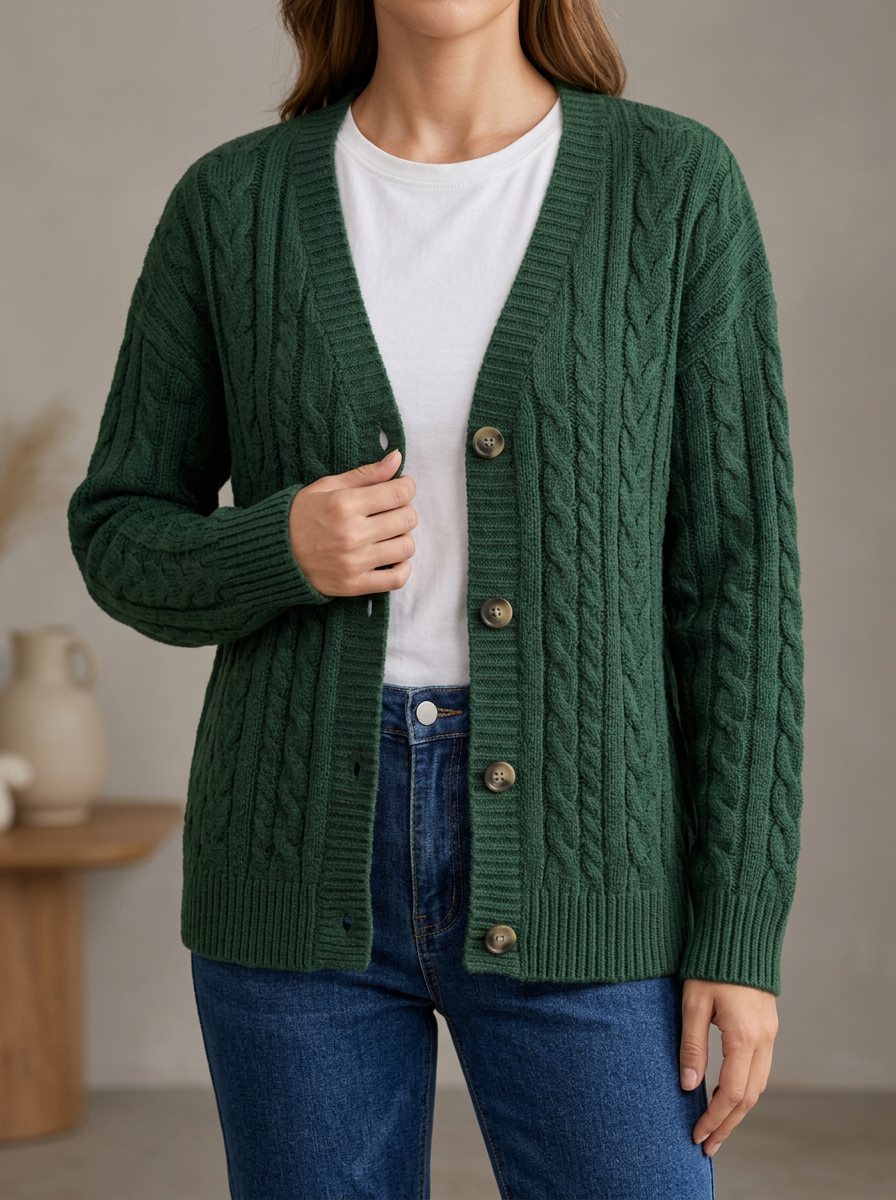 Women's Streamlined Cable Knit Button Front V Neck Cardigan
