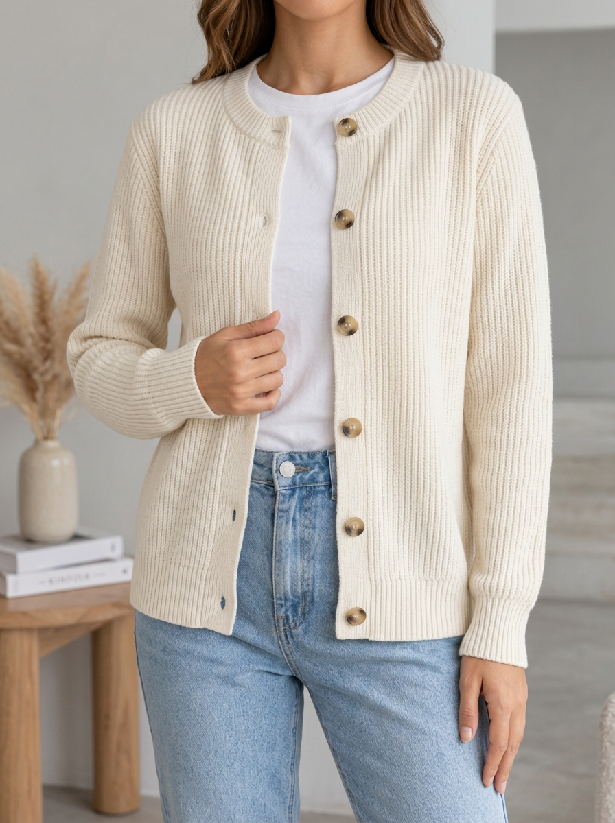 Women's Relaxed Ribbed Knit Button Front Crew Neck Cardigan