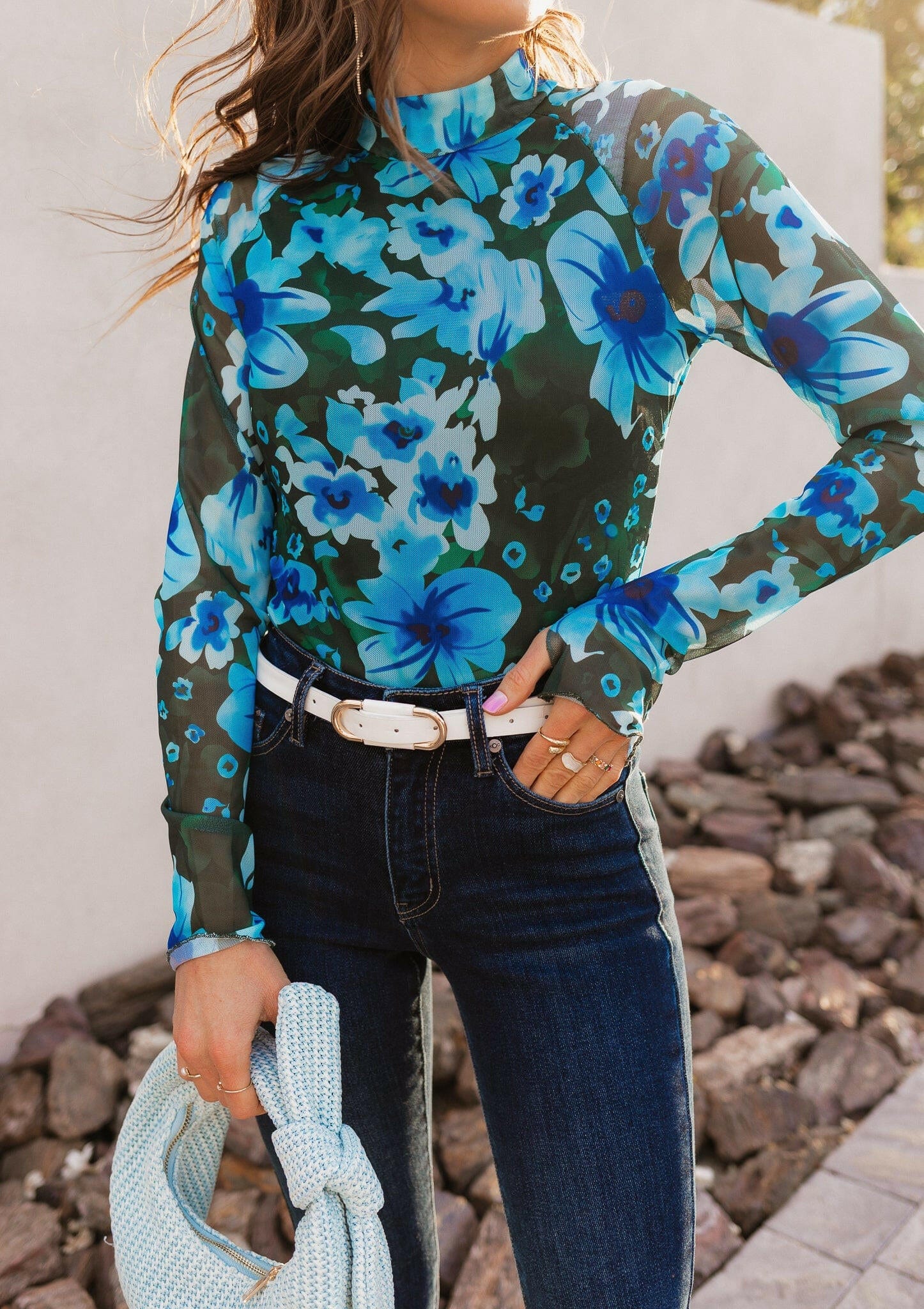 Mesh Textured Long Sleeve Top