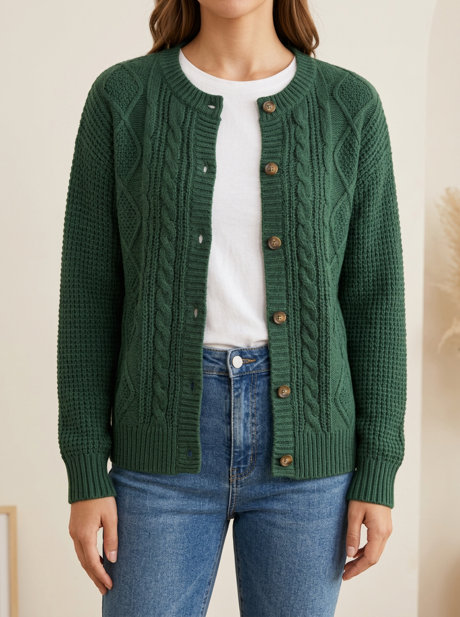 Women's Cable Knit Button Front Crew Neck Everyday Cardigan