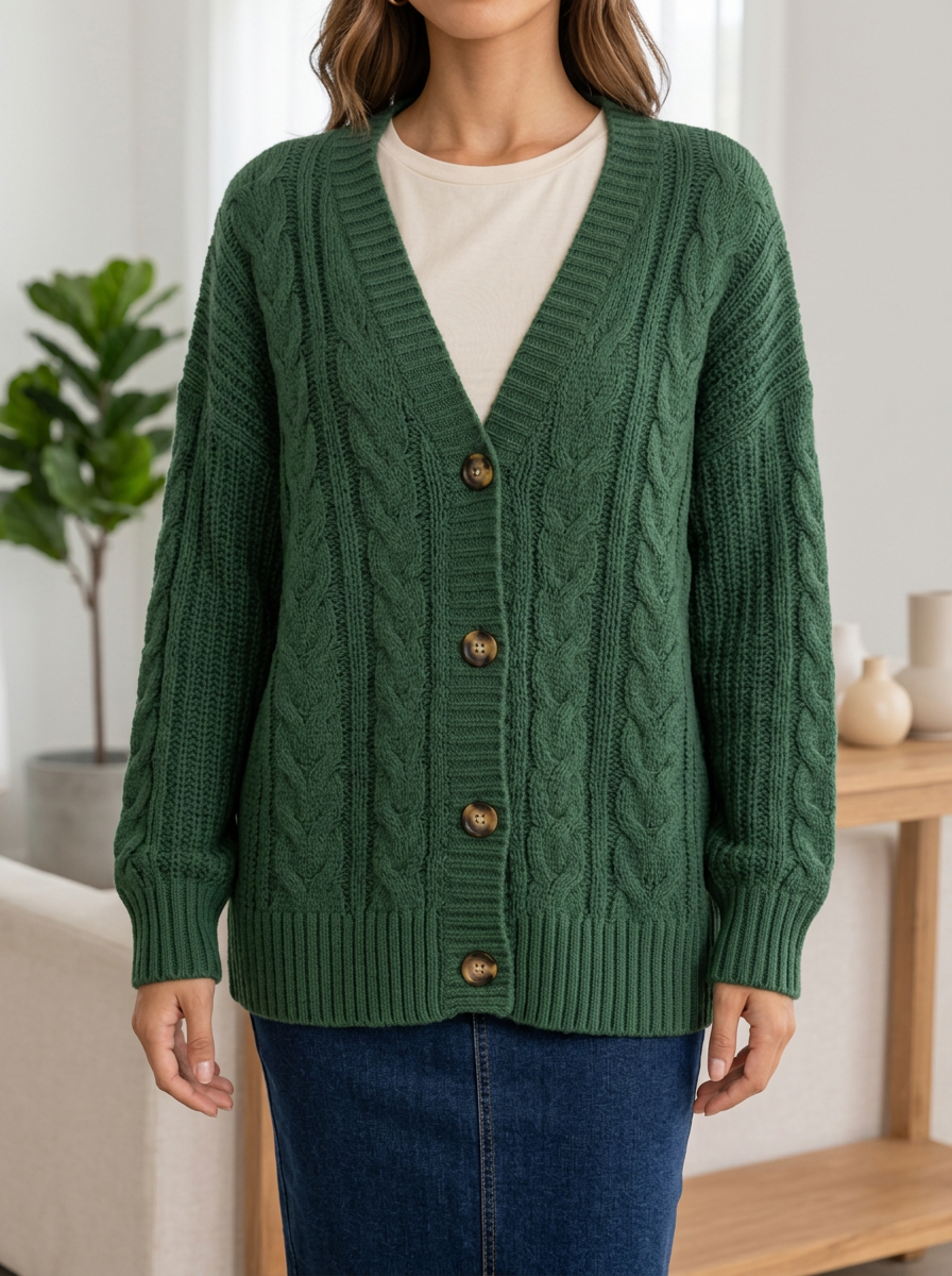 Women's Versatile Layered Cable Knit Button Front V Neck Cardigan