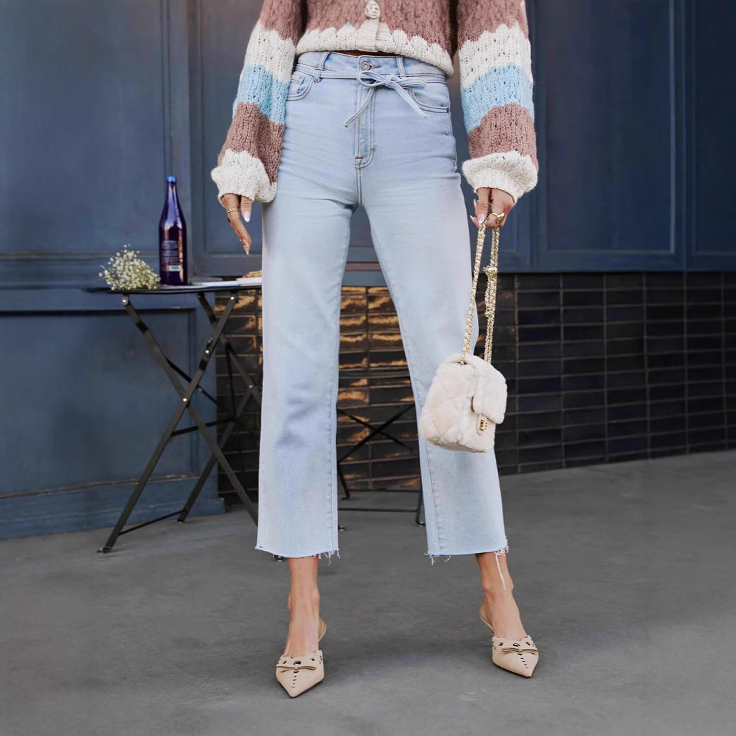 Women's High Waist Straight Leg Distressed Button Detail Jeans