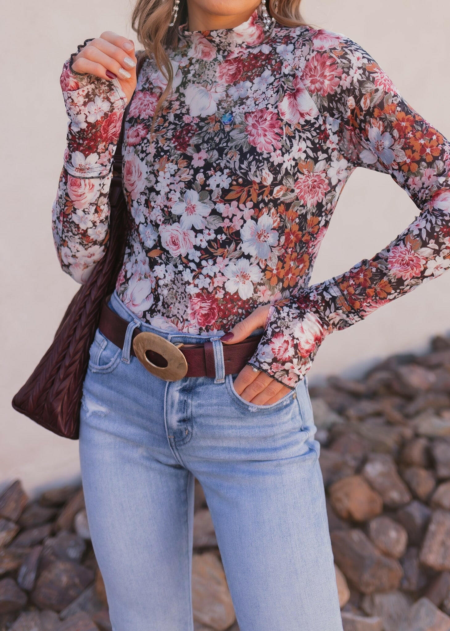 Relaxed Mesh Floral Long Sleeve Top