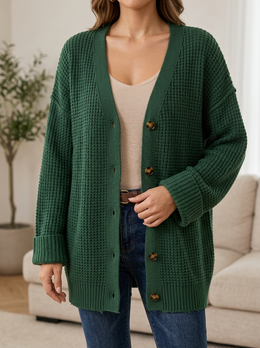 Women's Waffle Knit Button Front V Neck Everyday Cardigan