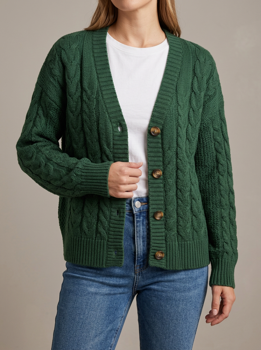 Women's Cable Knit Button Front V Neck Modern Cardigan