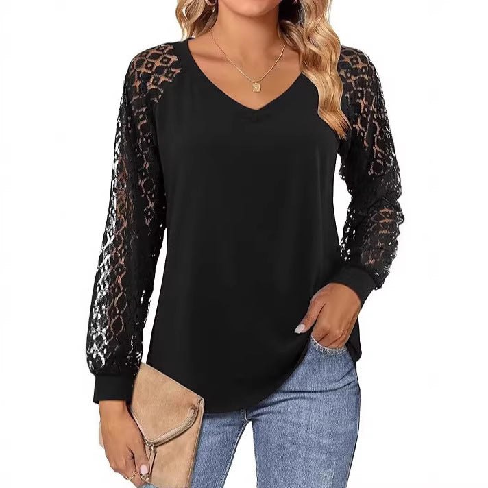 Delicate Crochet V-Neck Long Sleeve Top
