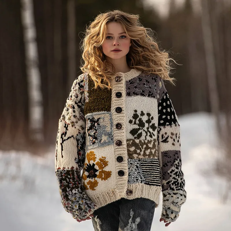 Women's Patchwork Floral Heart Button Warm Cardigan Sweater