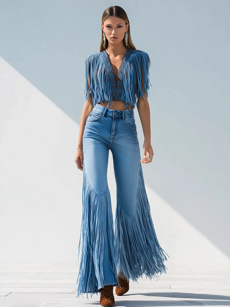 Trendy Retro Tassel Flared Jeans