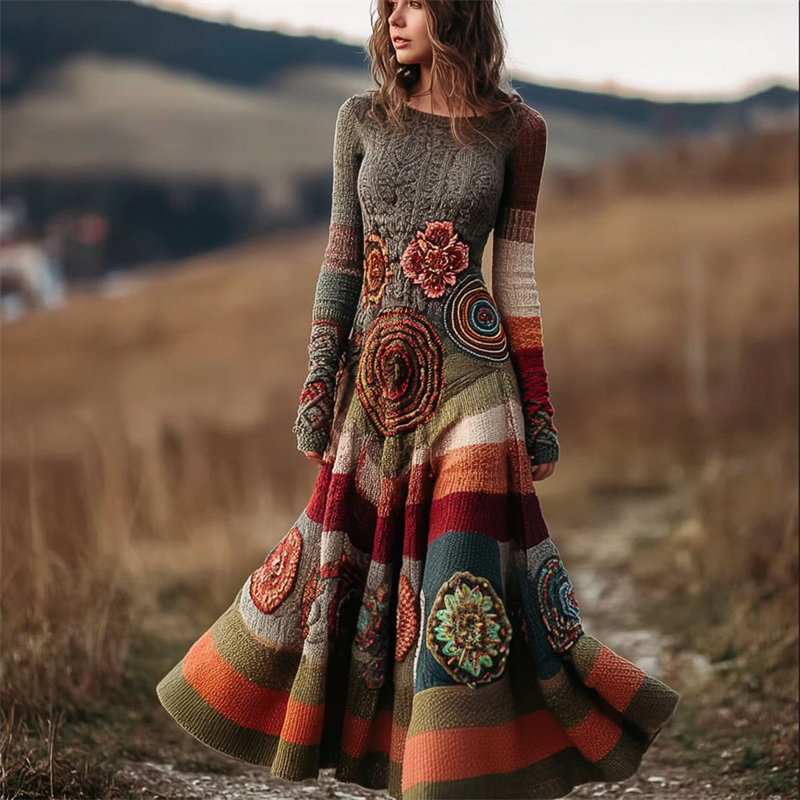 Vintafe Floral Crochet Colorblock Cozy Maxi Sweater Dress
