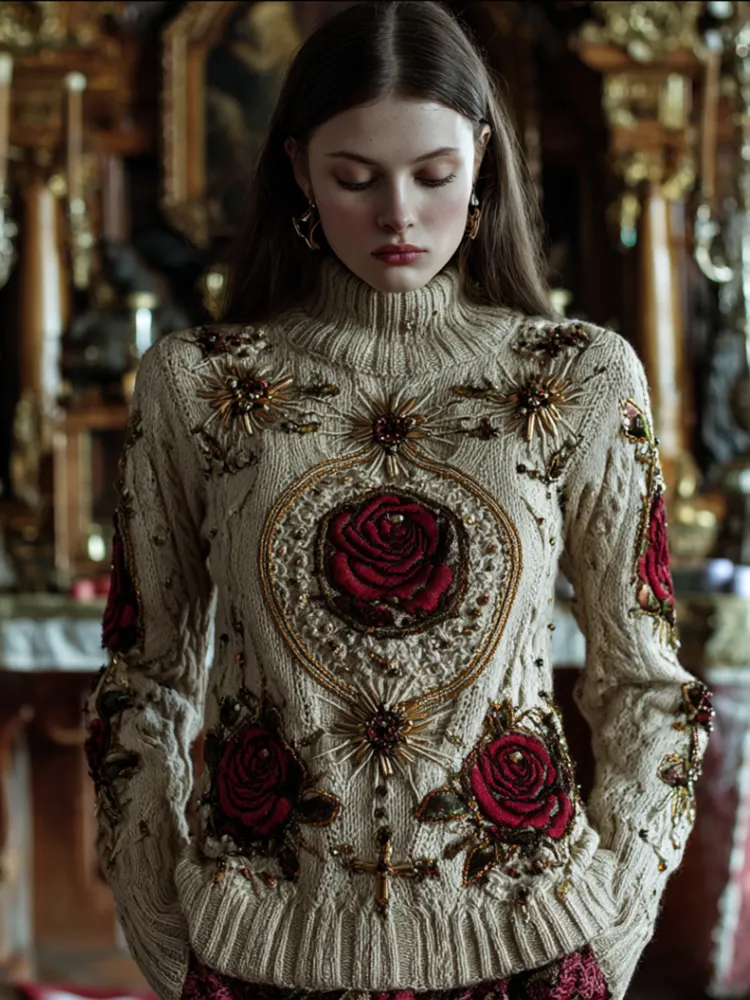 Women's Halloween Red Rose High Collar Sweater