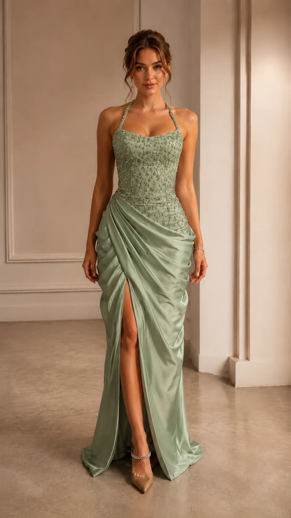 Halter Satin Drape Evening Gown