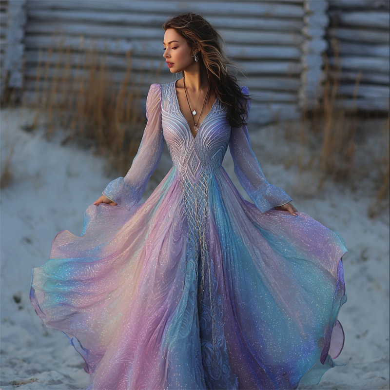 Vintage Elegant Opal Glitter Gradient Celtic Flowy Maxi Dress