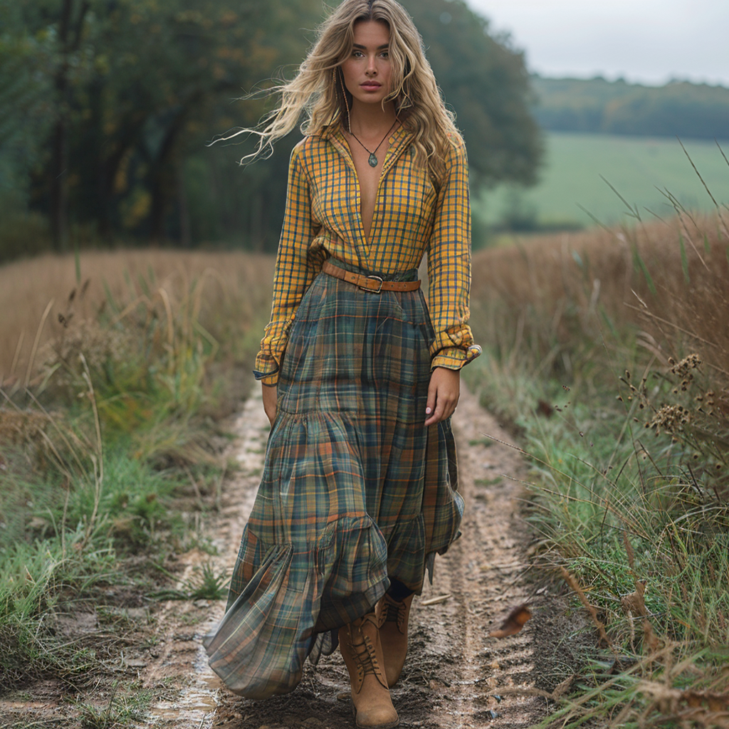 Vintage V-neck Bohemian Pastoral Plaid Style Long-sleeve Maxi Dress