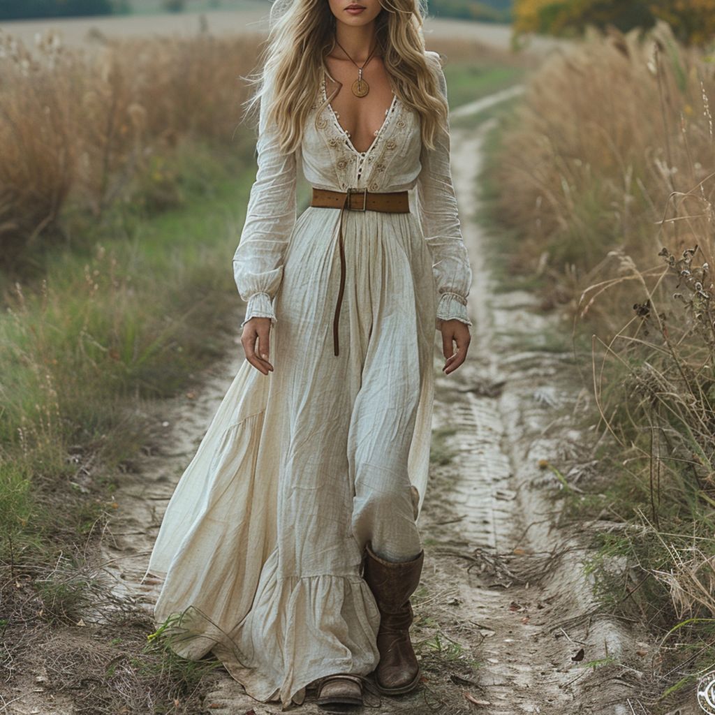 Vintage V-neck Bohemian Pastoral Style Long-Sleeve Maxi Dress