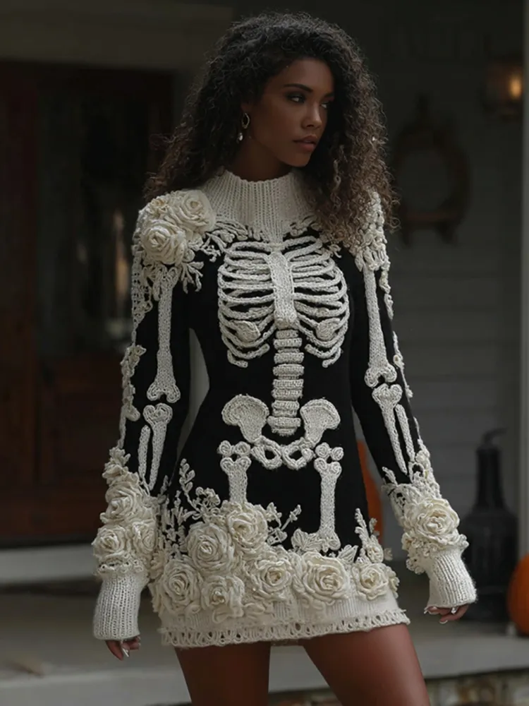 Women's Halloween Skeleton Bones Leather With Rose Cozy Knit Mini Sweater Dress