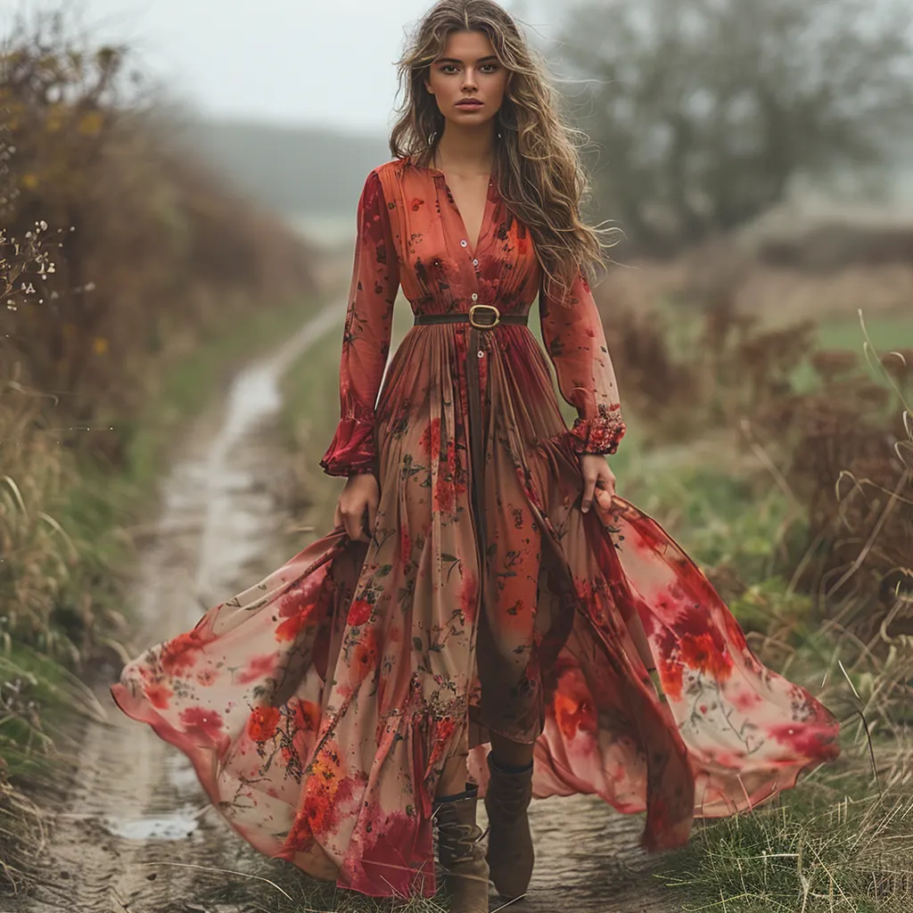 Retro V-neck Floral Long-sleeve Bohemian Pastoral Style Maxi Dress