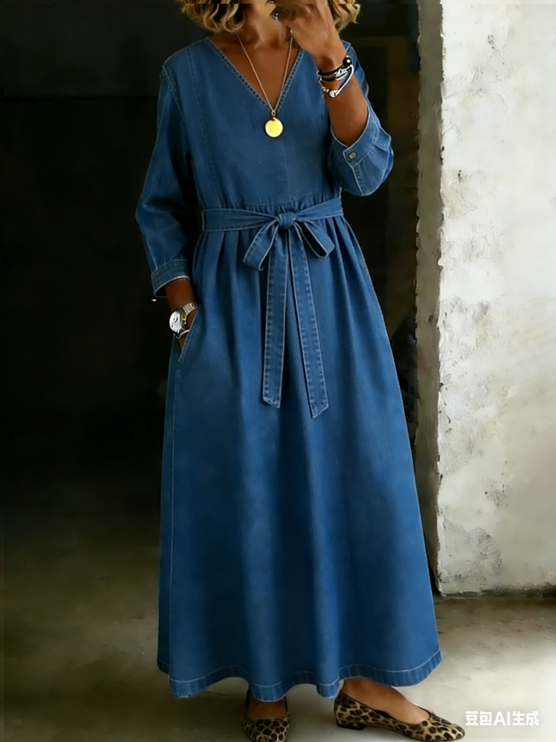 V-neck Long-Sleeve Casual Loose Denim Dress