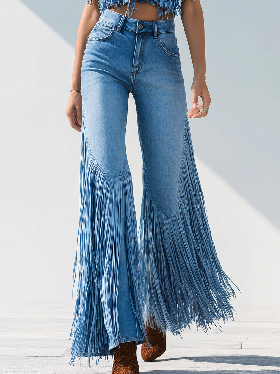 Trendy Retro Tassel Flared Jeans