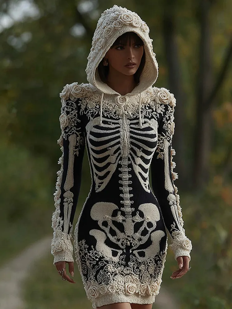 Women's Vintage Halloween Skeleton Bones With Rose Art Cozy Knit Hooded Sweater Dress