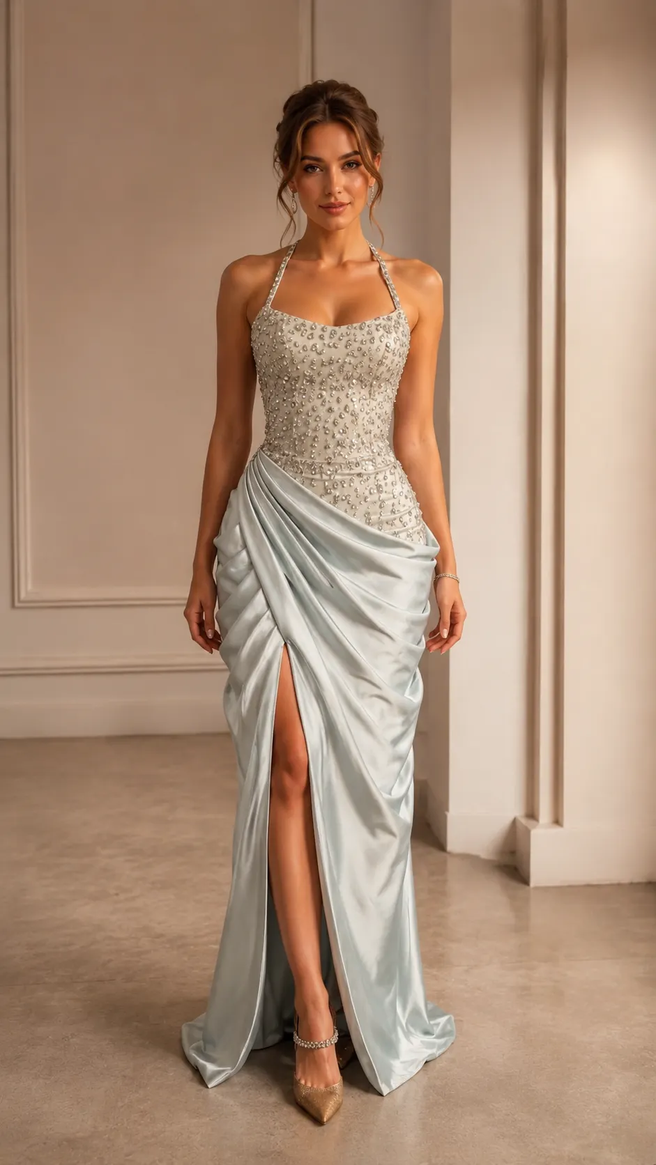 Halter Satin Drape Evening Gown