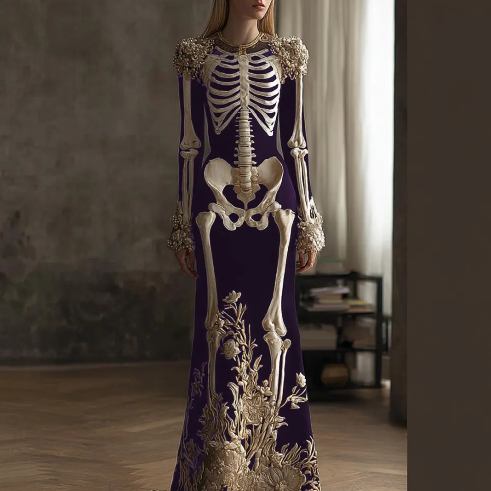 Women's Halloween Retro Anatomy Art And Flower Gothic Velvet Long Dress