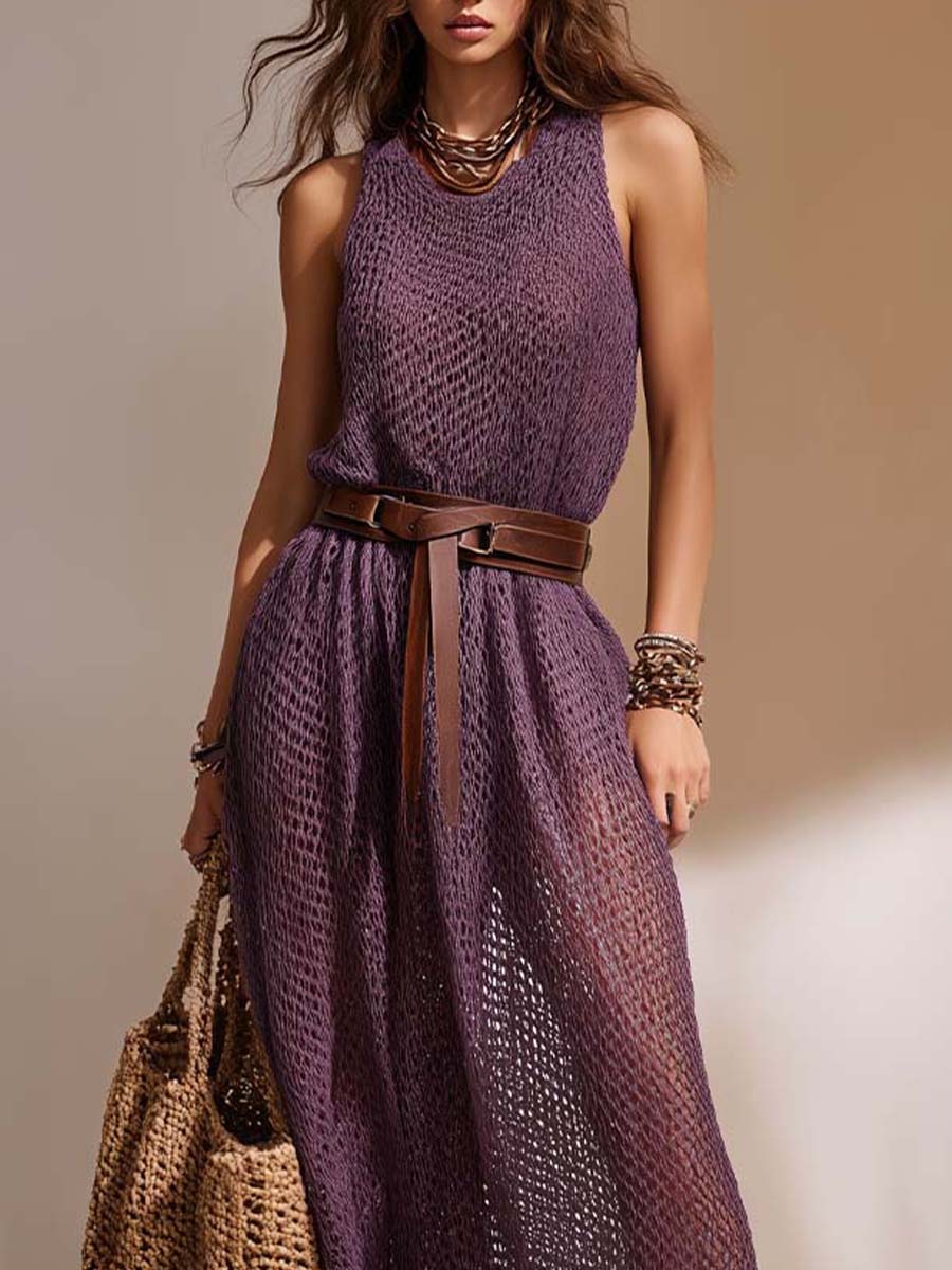 Bohemian Vacation Textured Open-Knit Sleeveless Maxi Dress With Waist Belt