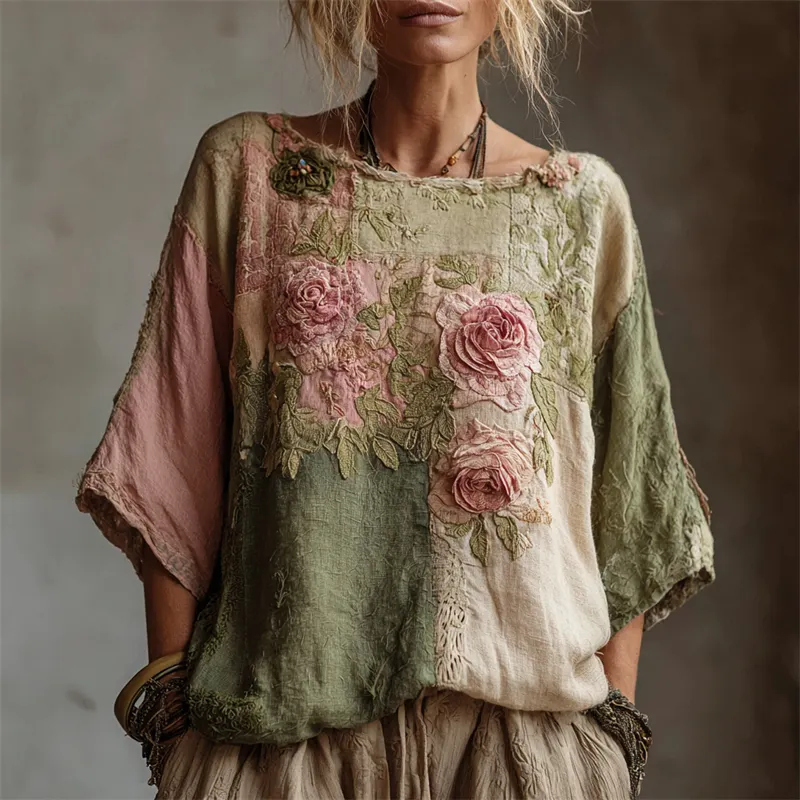Vintage Pink Roses Embroidered Patchwork Linen Shirt