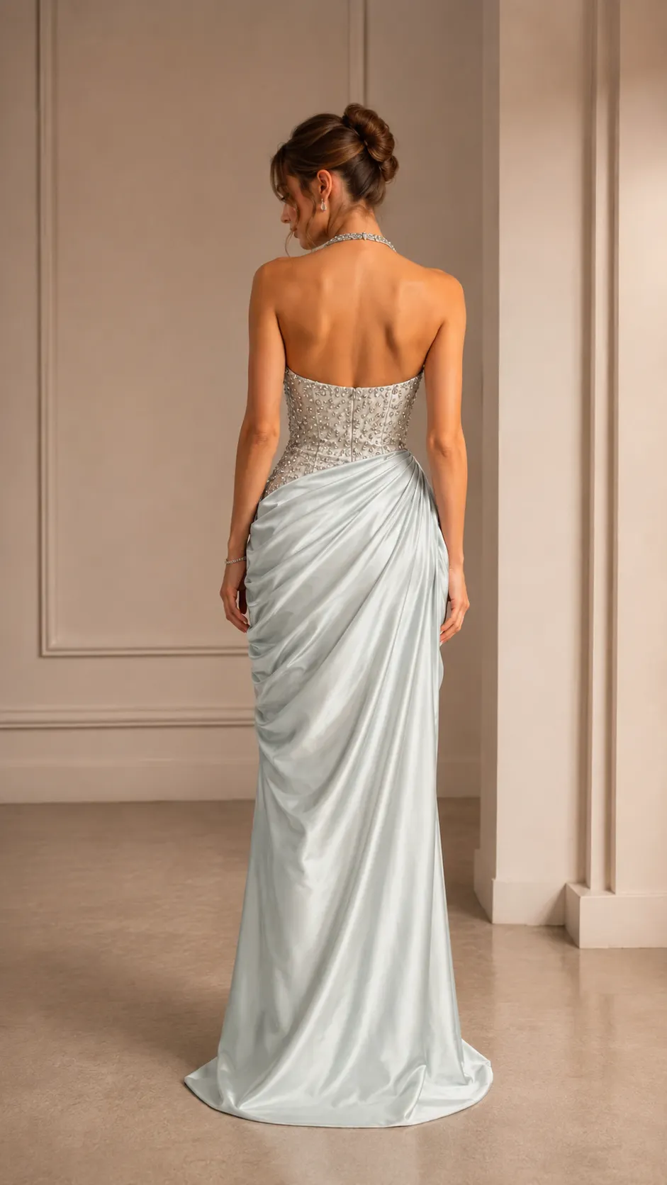 Halter Satin Drape Evening Gown