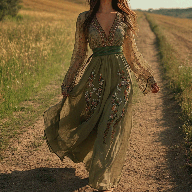 Elegant Bohemian Pastoral Style Maxi Dress