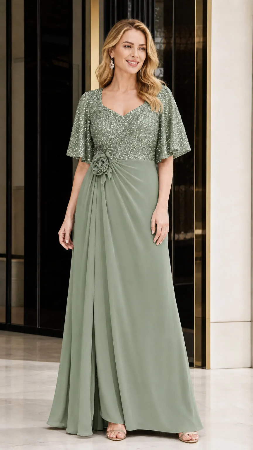 Elegant V-Neck Flare Sleeve Formal Evening Gown