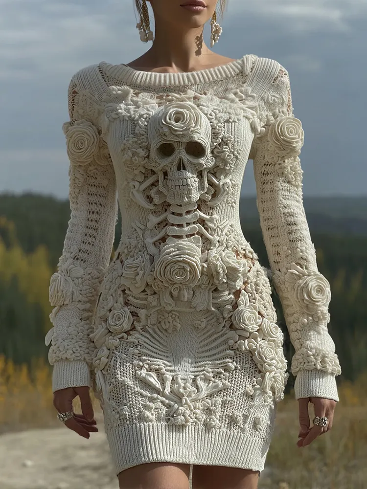 Women's Vintage Halloween Skull With Rose Art Cozy Knit Mini Sweater Dress