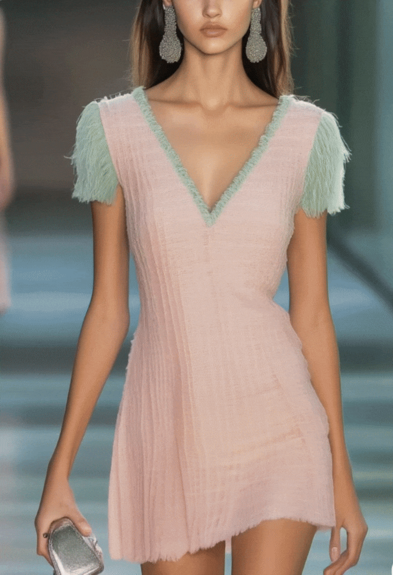 Pink Fringed Knit Mini Dress With Mint Green Accents