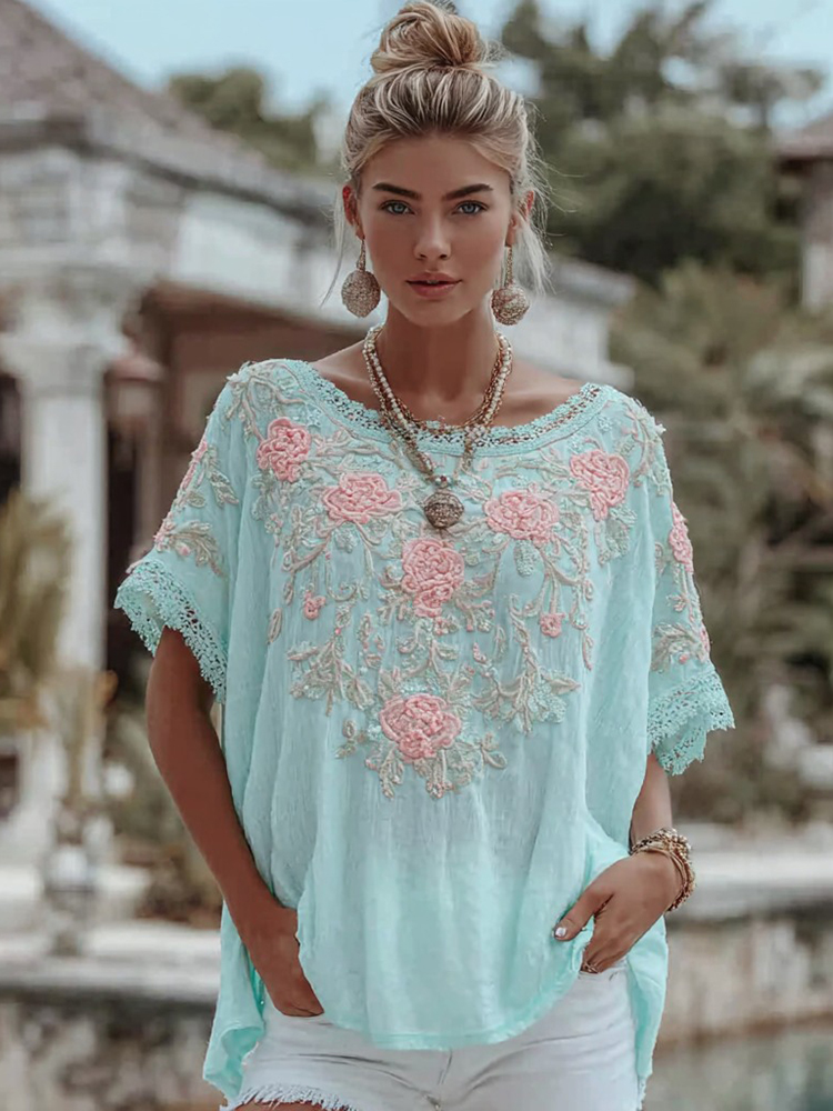 Women's Vintage Bohemian Floral Embroidered Casual Crew Neck T-shirt