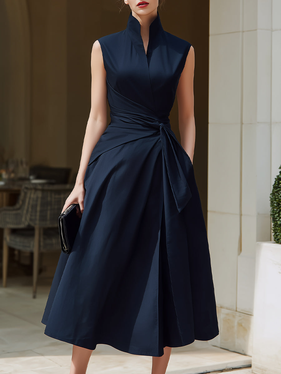 Sleeveless Wrap Midi Dress With Structured Stand Collar