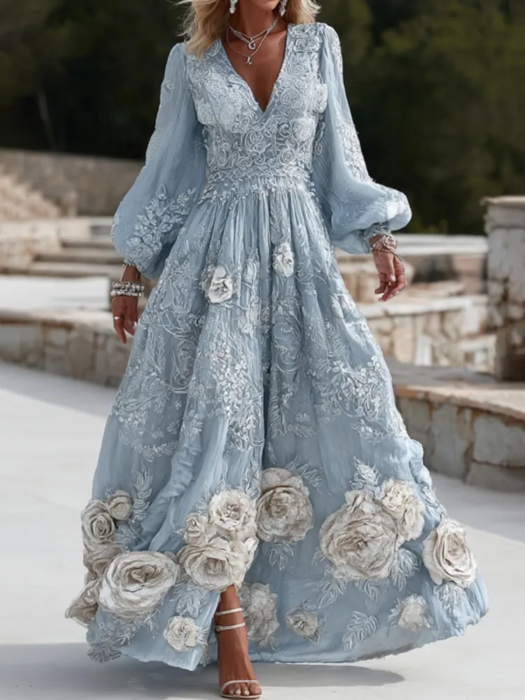 Women's Vintage Blue Floral Embroidery Long Sleeve Casual Maxi Dress