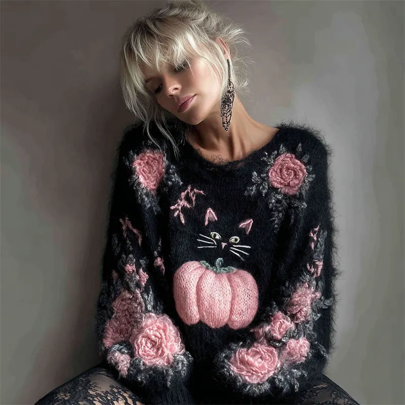 Black Cat & Pink Pumpkin Floral Embroidered Fuzzy Cozy Sweater