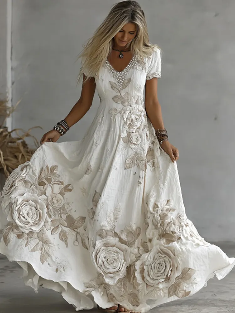 Women's White Rose Embroidery Art V-neck Short Sleeve Maxi Dress