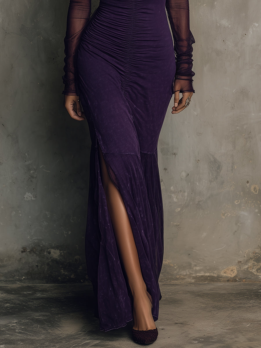 Elegant Mesh Spliced washed Cotton Hem Slit Maxi Dress