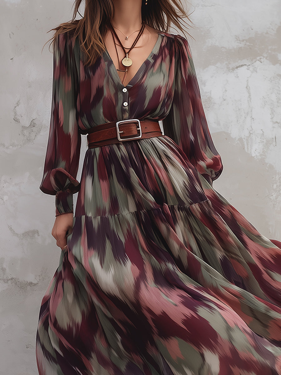 Bohemian Abstract Printed Chiffon Maxi Dress With Belt