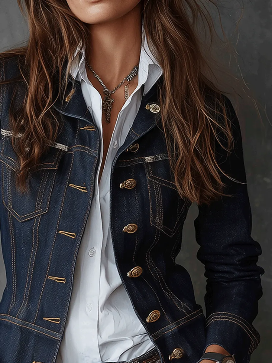 Vintage Dark Wash Denim Military Jacket