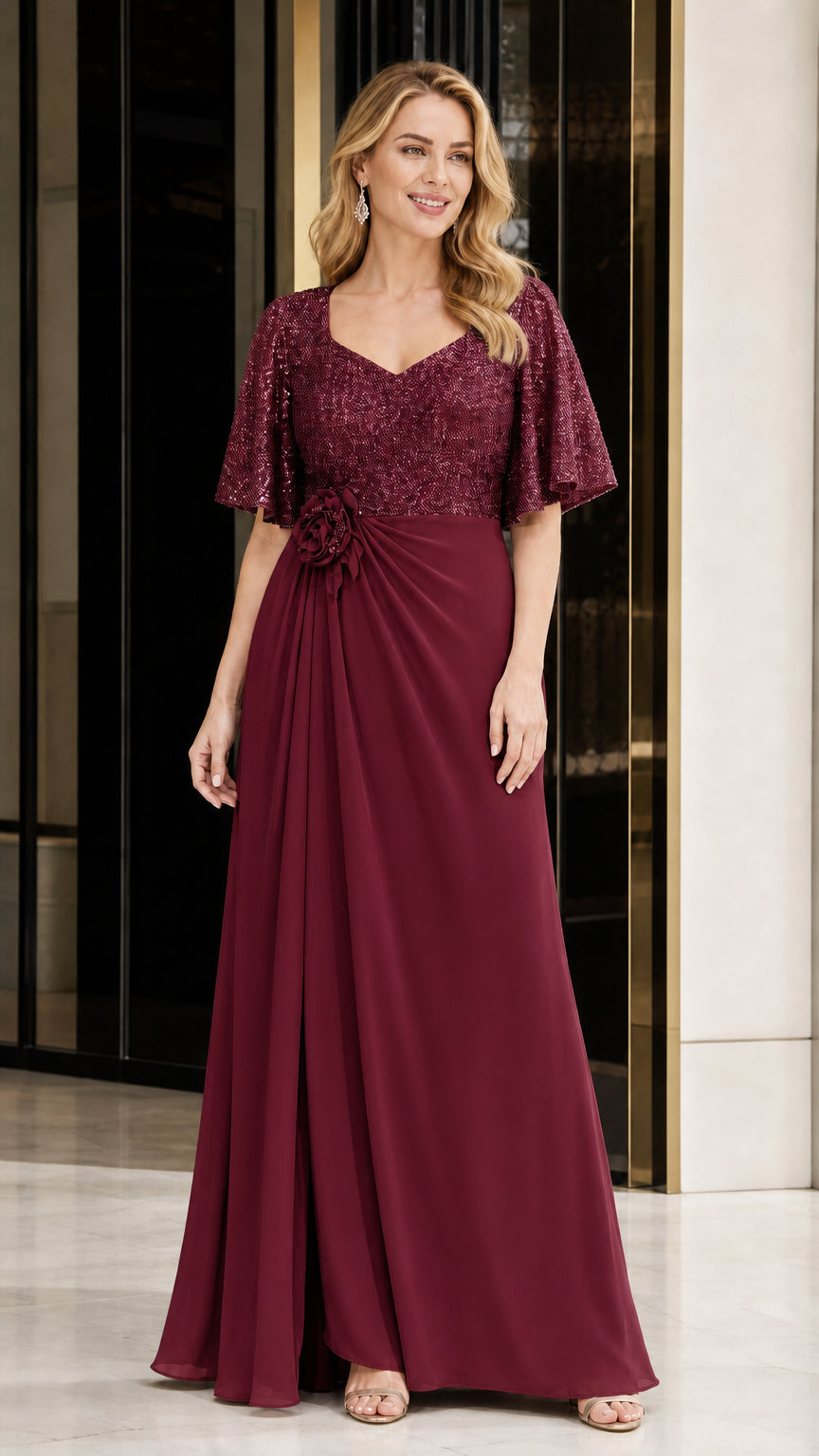 Elegant V-Neck Flare Sleeve Formal Evening Gown