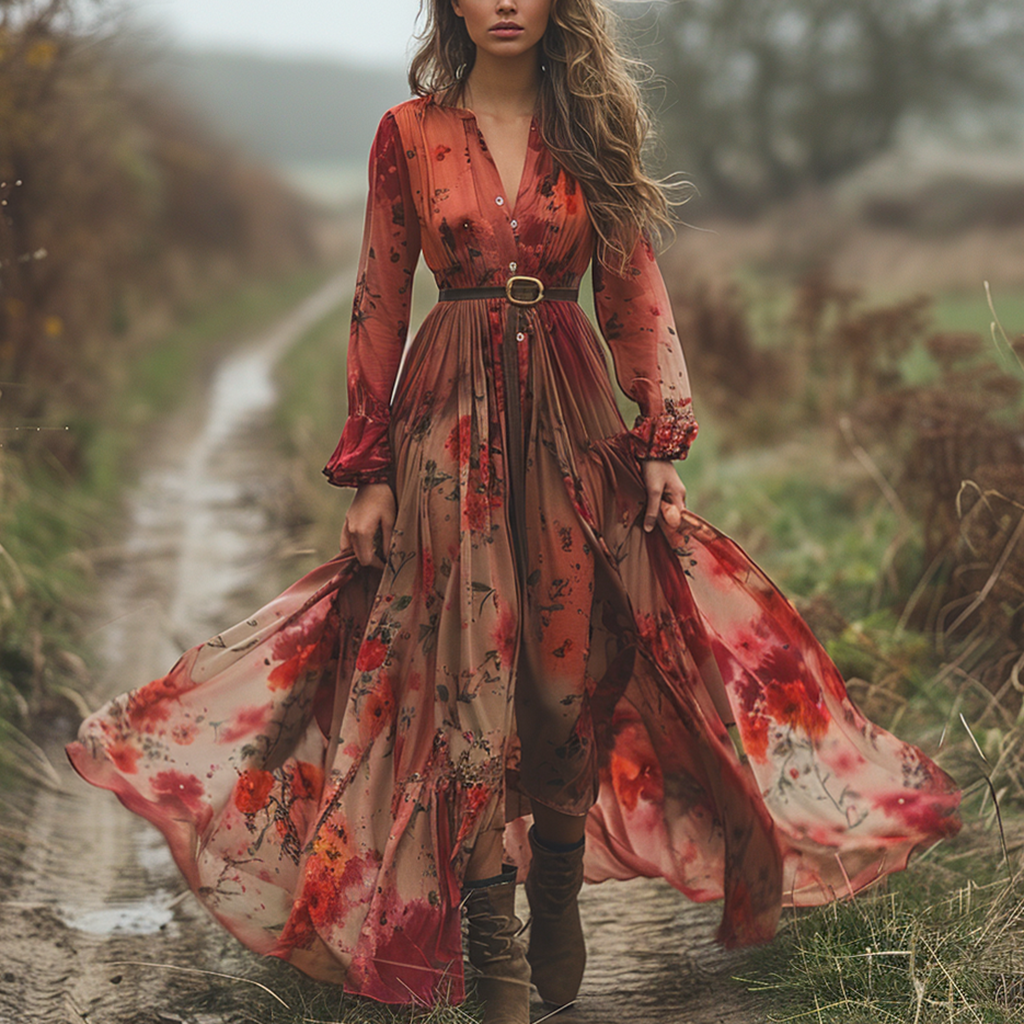 Retro V-neck Floral Long-sleeve Bohemian Pastoral Style Maxi Dress