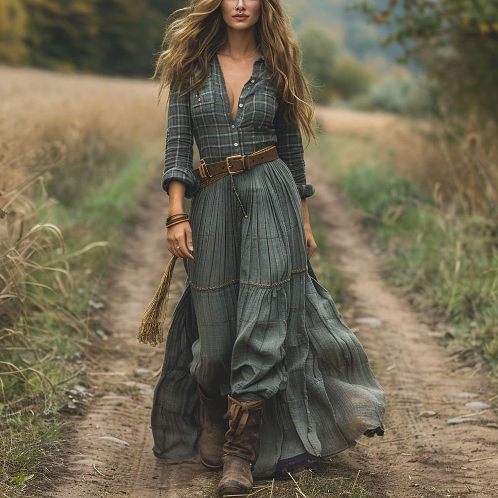 Vintage V-neck Bohemian Pastoral Style Long-sleeve Maxi Dress