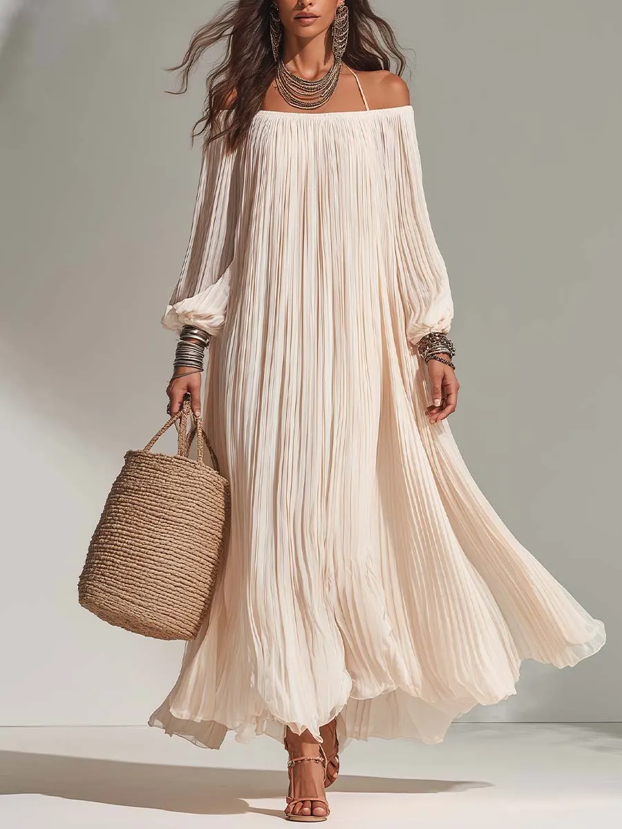 Bohemian Resort Pleated Ivory Off-Shoulder Maxi Dress